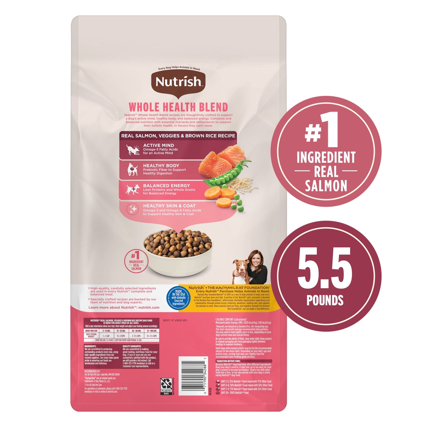 Nutrish Real Salmon, Veggies & Brown Rice Recipe Whole Health Blend Dry Dog Food, 5.5 lb. Bag (Rachael Ray)