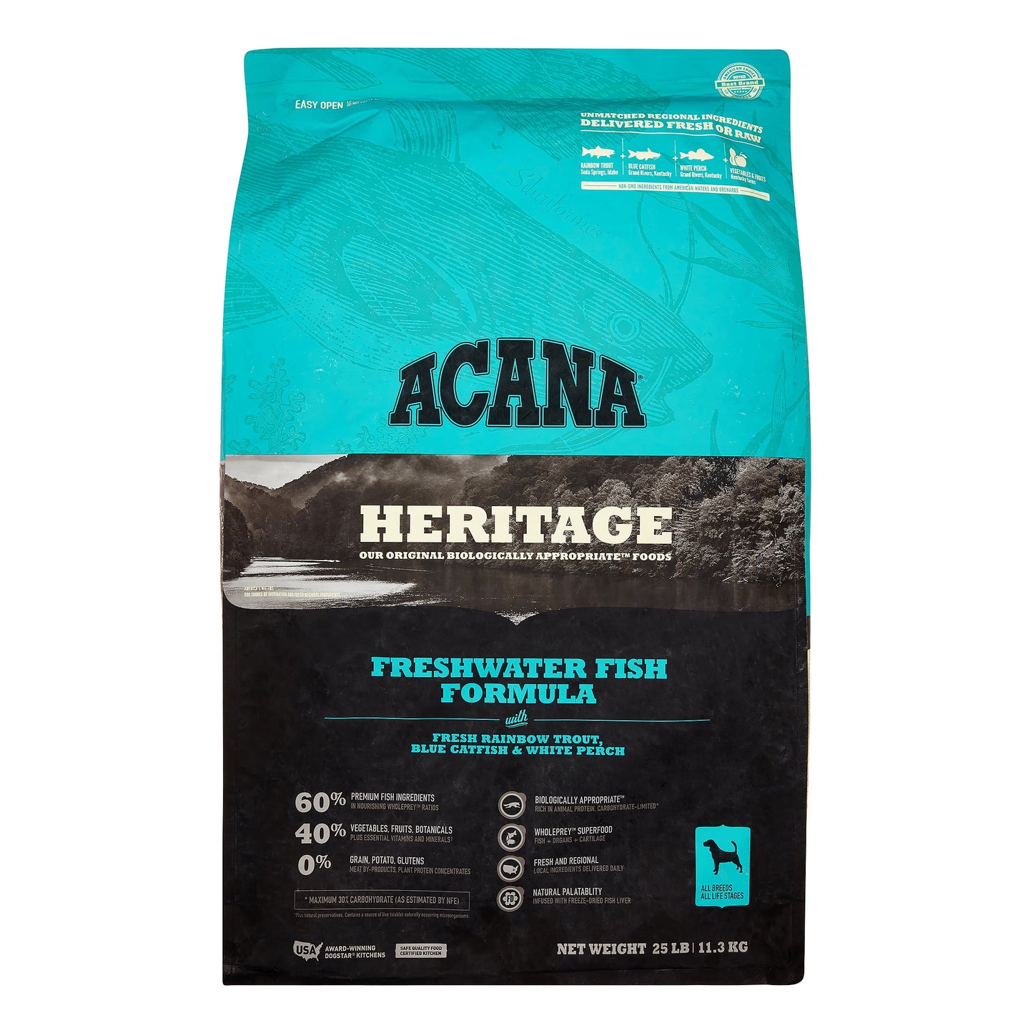 Acana Heritage Grain-Free Freshwater Fish Formula With Trout, Catfish, Perch & Greens Dry Dog Food, 25 lb