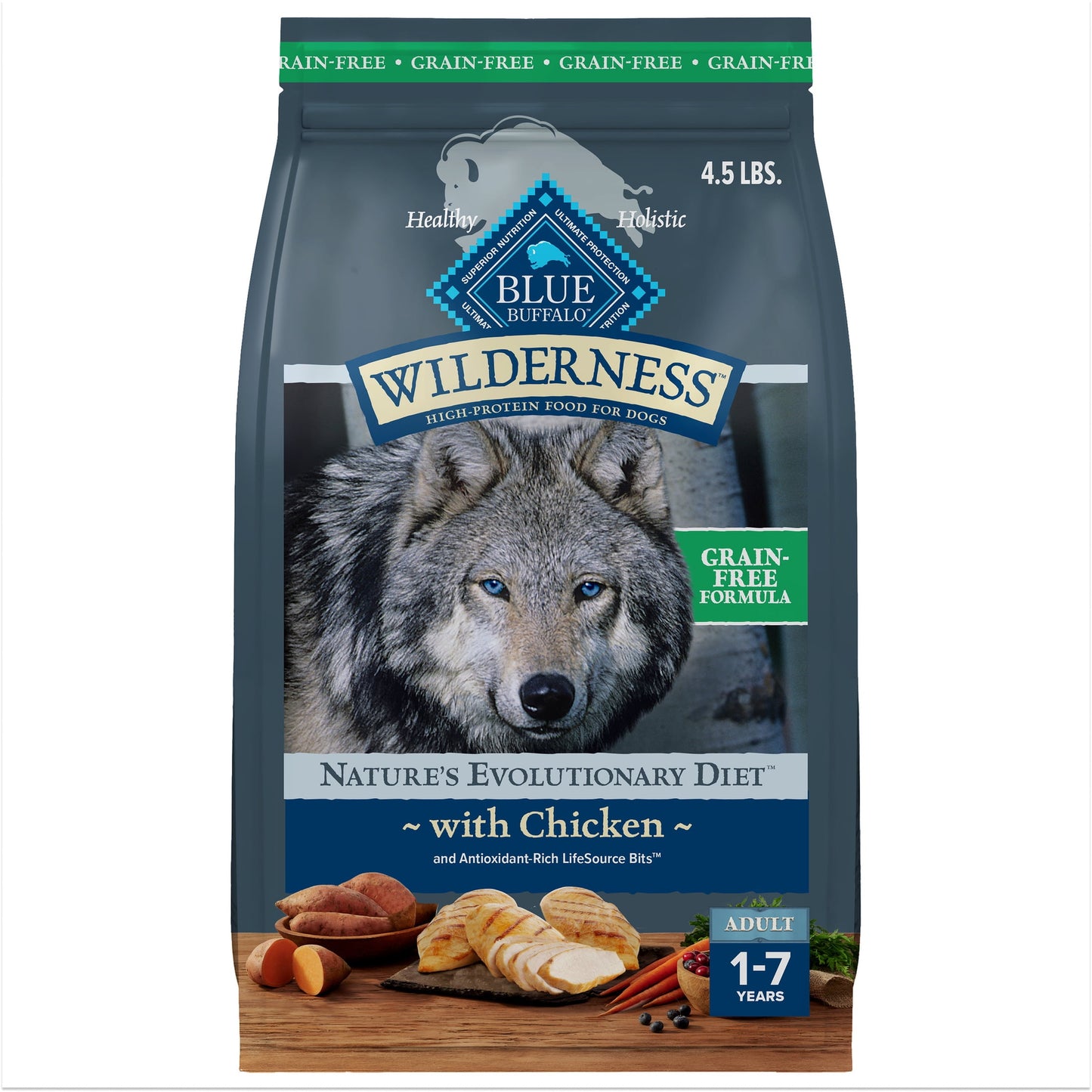 Blue Buffalo Wilderness Adult High-Protein Dry Dog Food, Grain-Free, Chicken, 4.5-lb. Bag
