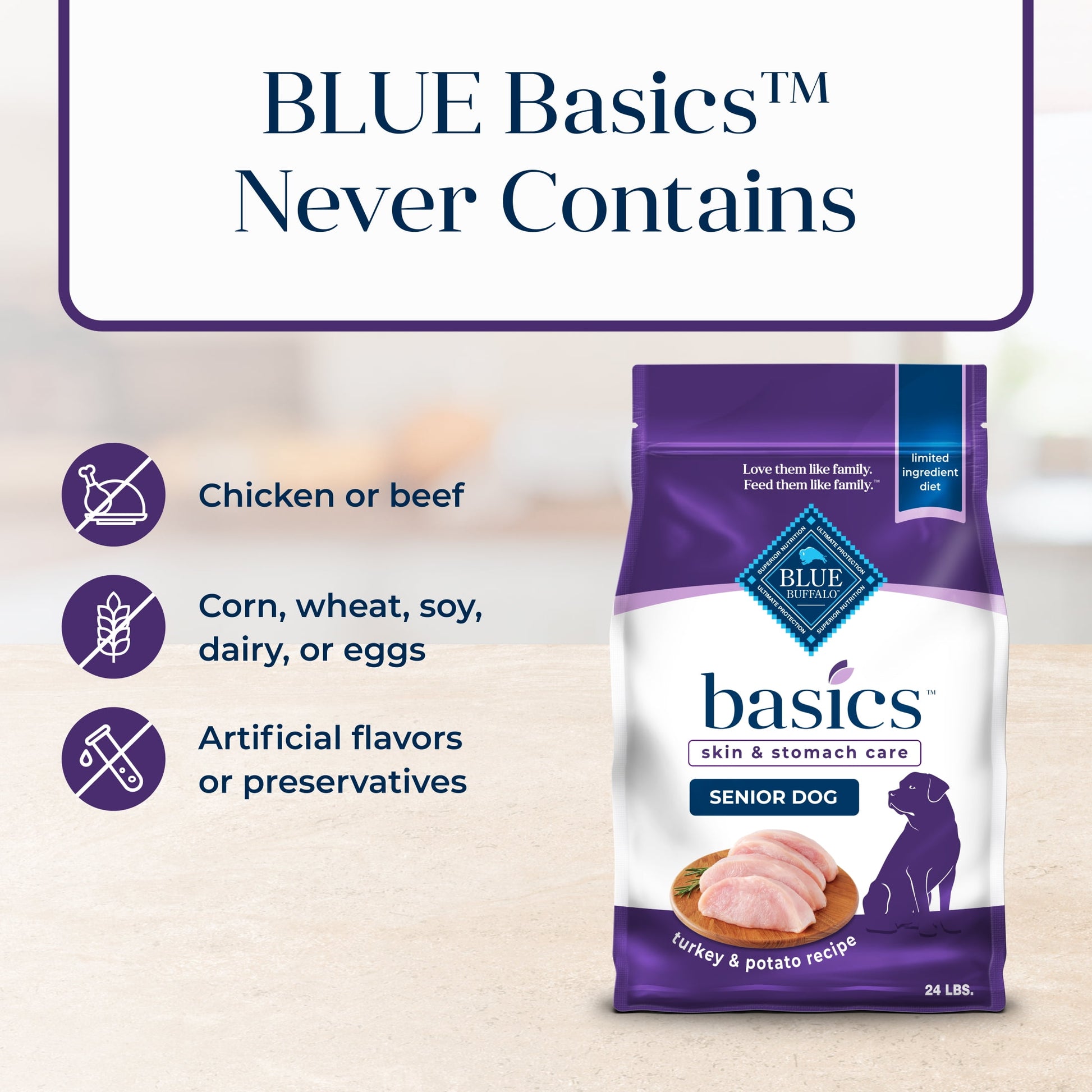 Blue Buffalo Basics Senior Dry Dog Food, Skin & Stomach Care, Turkey Recipe, 24-lb Bag