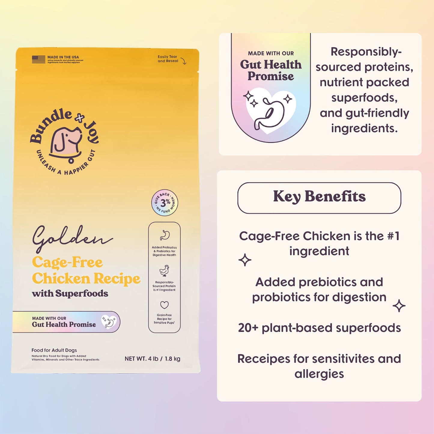 Bundle x Joy Golden Gut-Friendly Cage-Free Chicken Flavor Dry Dog Food, 4 lb Bag