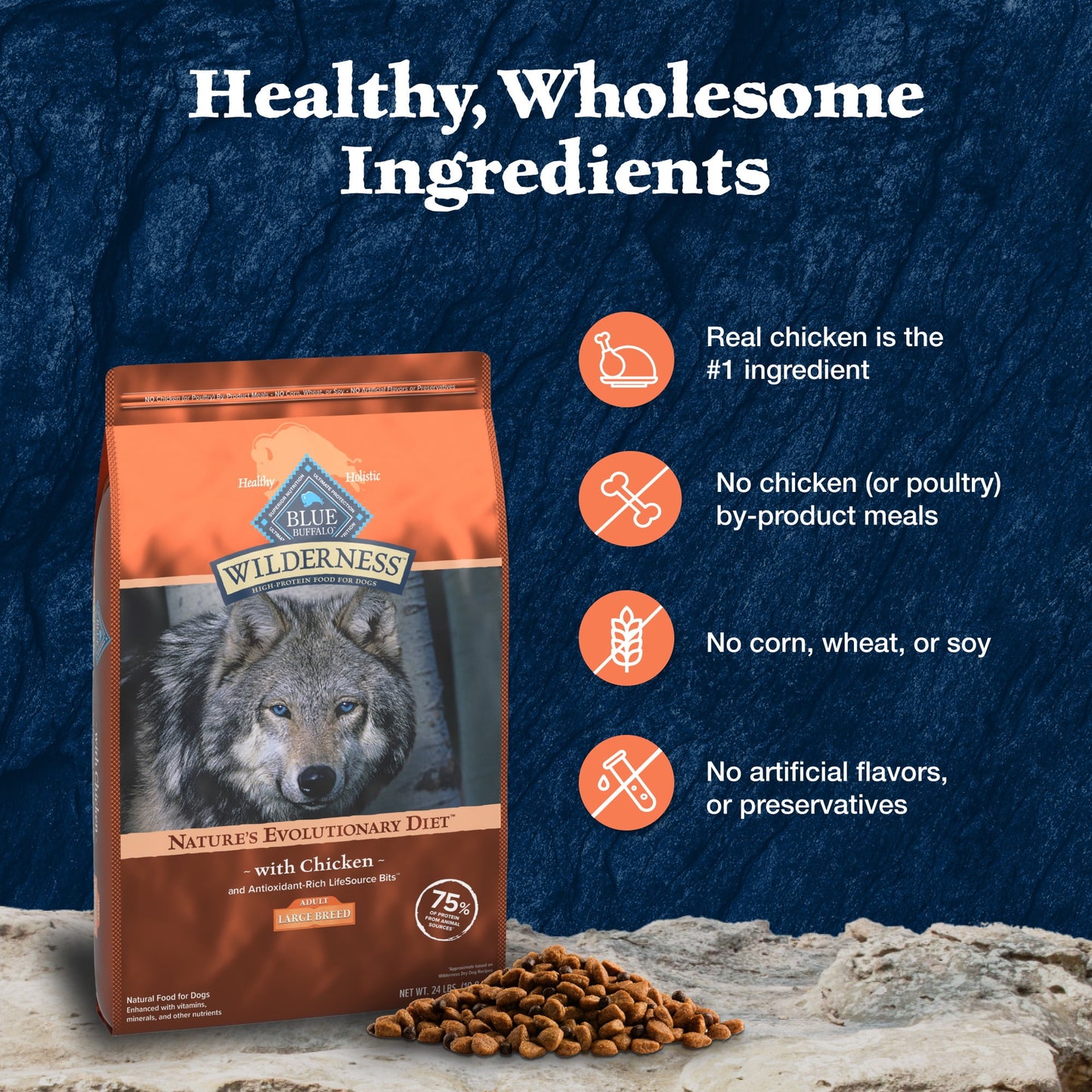 Blue Buffalo Wilderness Large Breed Dry Dog Food Plus Wholesome Grains, Chicken, 24 lbs.