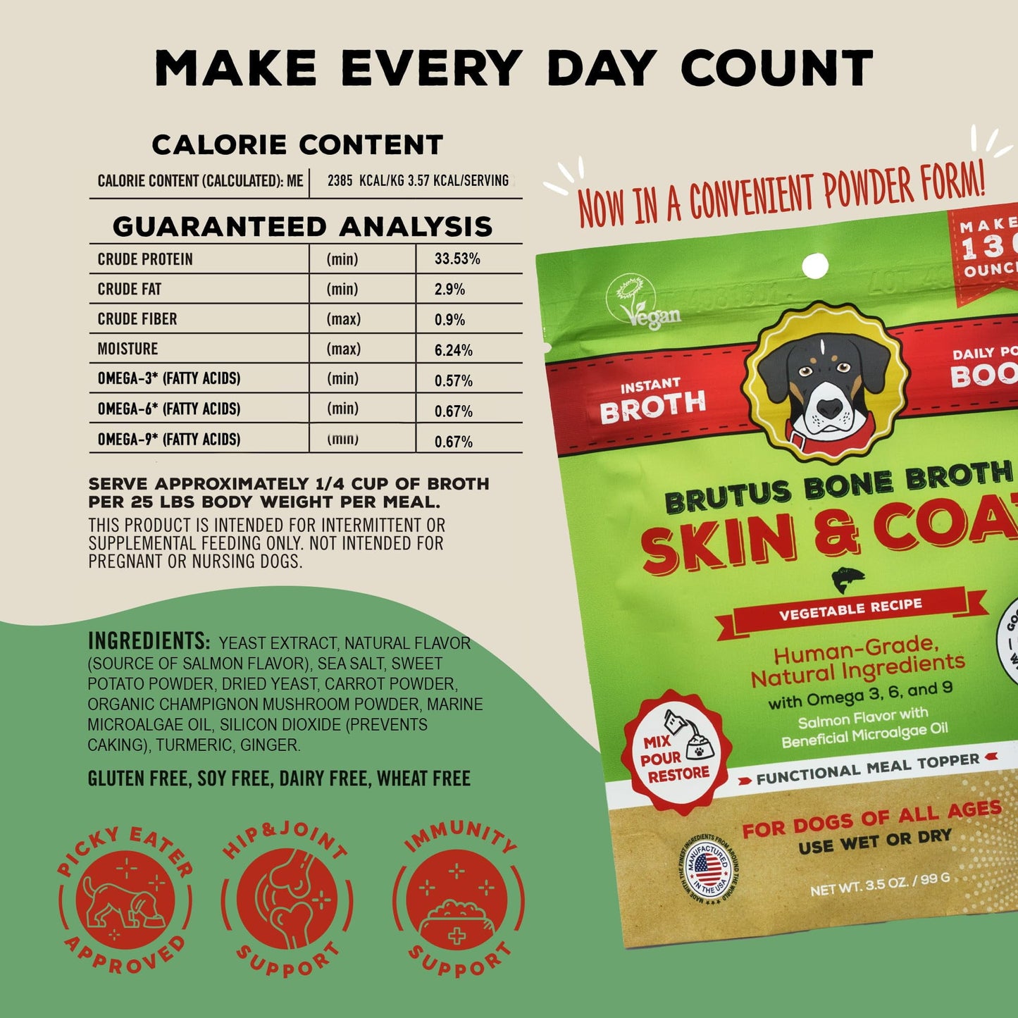 Brutus Broth Skin and Coat Meal Topper for Dogs Mega Pack (Salmon) - Pet Food Topper - Vegetable Broth Powder with Omegas 3, 6 & 9 for Skin and Coat Health - Makes Up to 130 fl oz