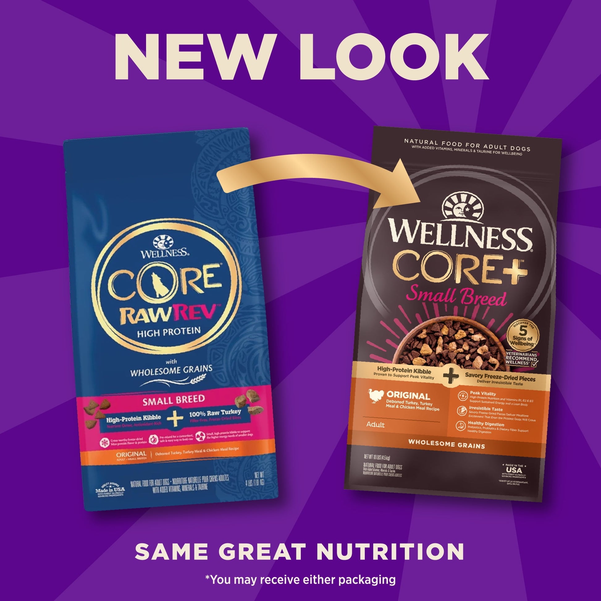 Wellness CORE+ Dry Dog Food with Freeze Dried Pieces, Small Breed, Wholesome Grains, High Protein, Natural, Original Turkey & Chicken Recipe, (10-Pound Bag)