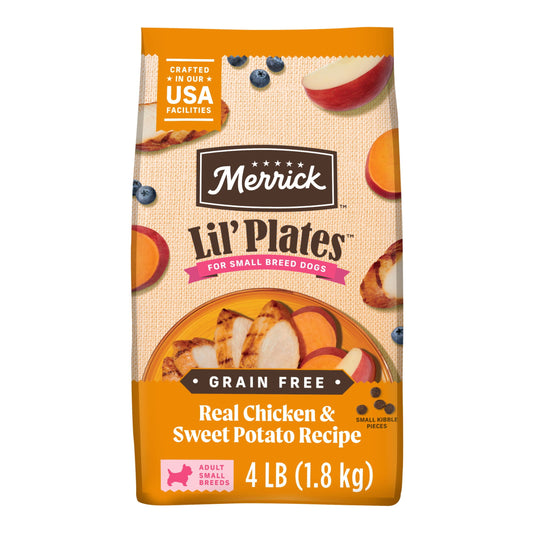 Merrick Lil’ Plates Premium Grain Free Dry Dog Food For Small Dogs, Real Chicken And Sweet Potato Kibble, 4.0 lb. Bag