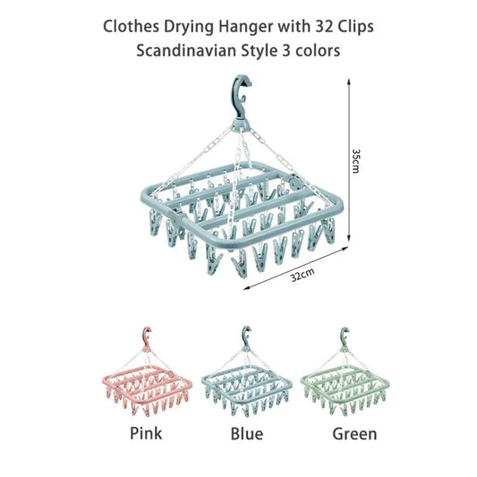 Clothes Drying Hanger with 32 Clips and Drip Foldable Hanging Rack for