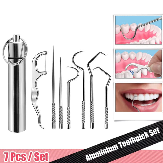 7pcs/set Aluminum Toothpick Set Tooth Flossing Reusable Toothpicks