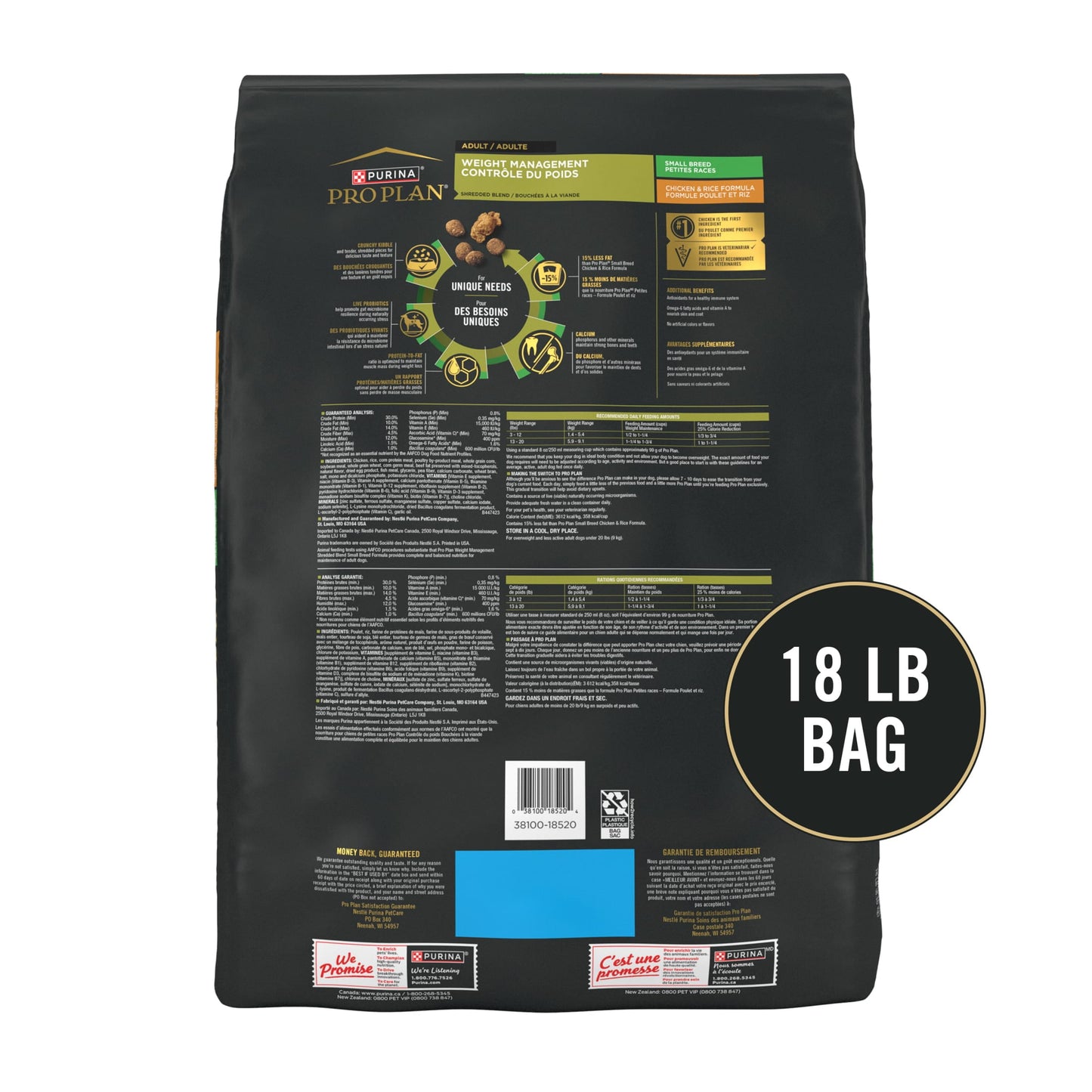 Purina Pro Plan Small Breed Weight Management Dry Dog Food, Shredded Blend Chicken and Rice Formula, 18 lb Bag