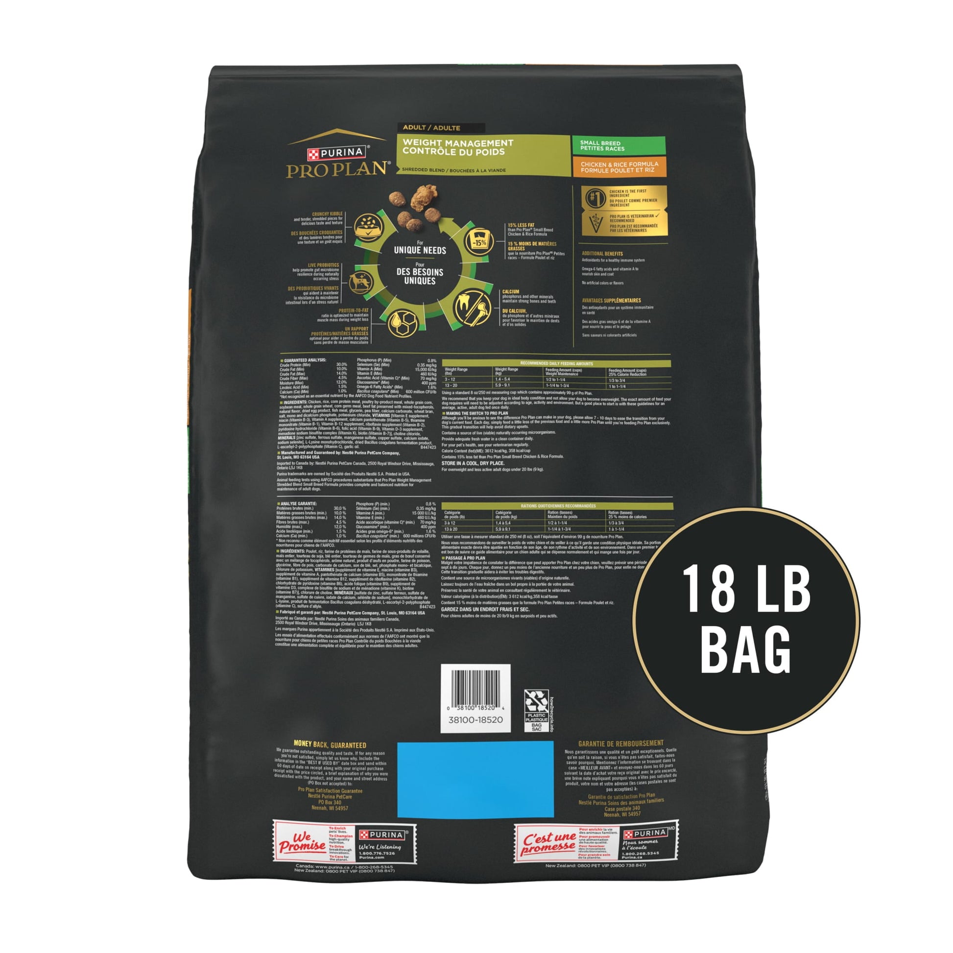 Purina Pro Plan Small Breed Weight Management Dry Dog Food, Shredded Blend Chicken and Rice Formula, 18 lb Bag